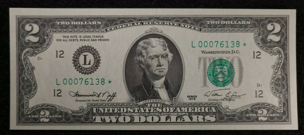 1976 $2 FRN Error, low serial #,  star note L 00076138*