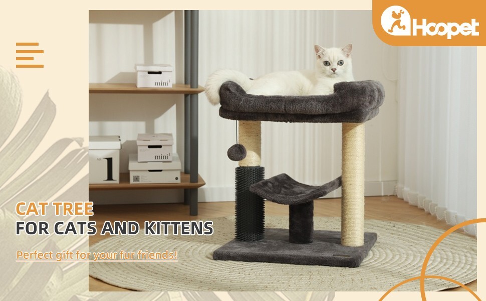 Cat Tree Tower Gray Top Platform Scratching Post Perch Self Groomer - Gray