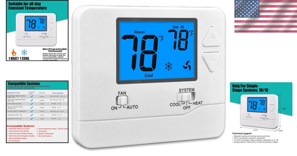 User-Friendly Non-Programmable Thermostat for Single-Stage Heating & Cooling