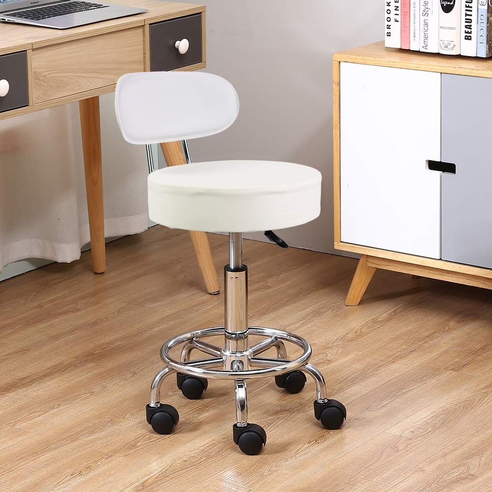 PU Leather Rolling Stool Mid-Back with Footrest Height Adjustable Office