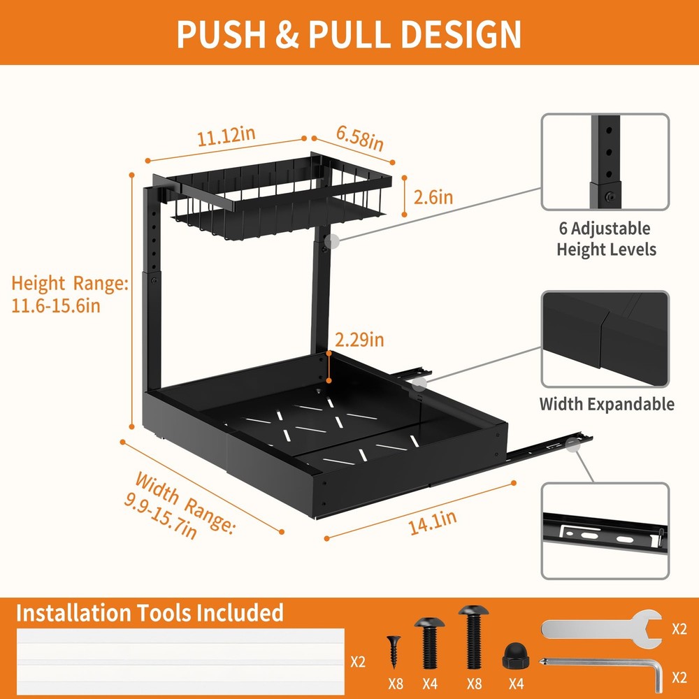 2-Pack Expandable Under Sink Organizers and Storage, 2-Tier Adjustable Pull-O...