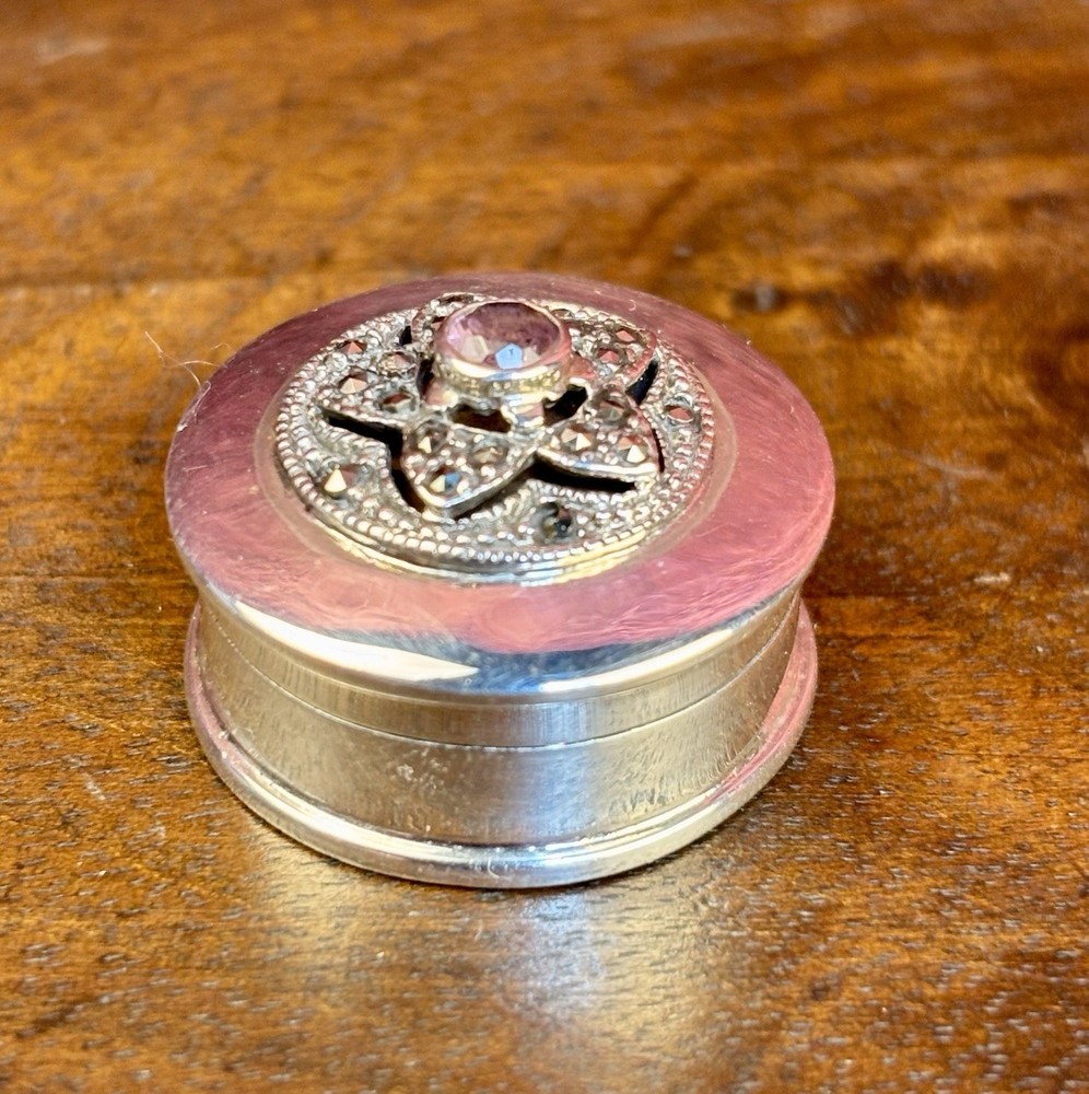 A Pretty London Hallmarked Solid Silver Pill Box Set With Marcasite & Amethyst.
