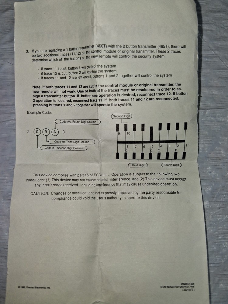 DIRECTED ELECTRONICS UNCODED TWO BUTTON TRANSMITTER PART # 465T