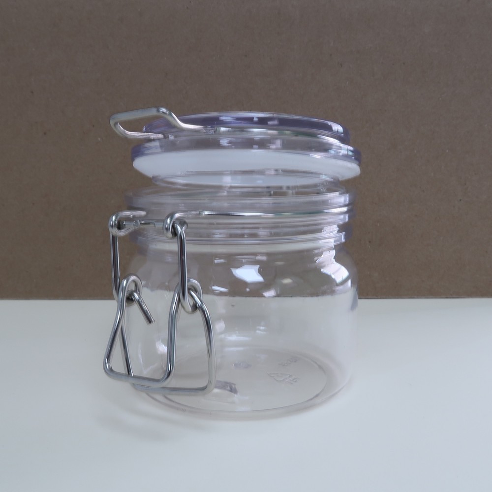 Clear Hard Plastic Round Bottom Kitchen Jars w/ Clasp Holds 6.5oz (6-Pack)