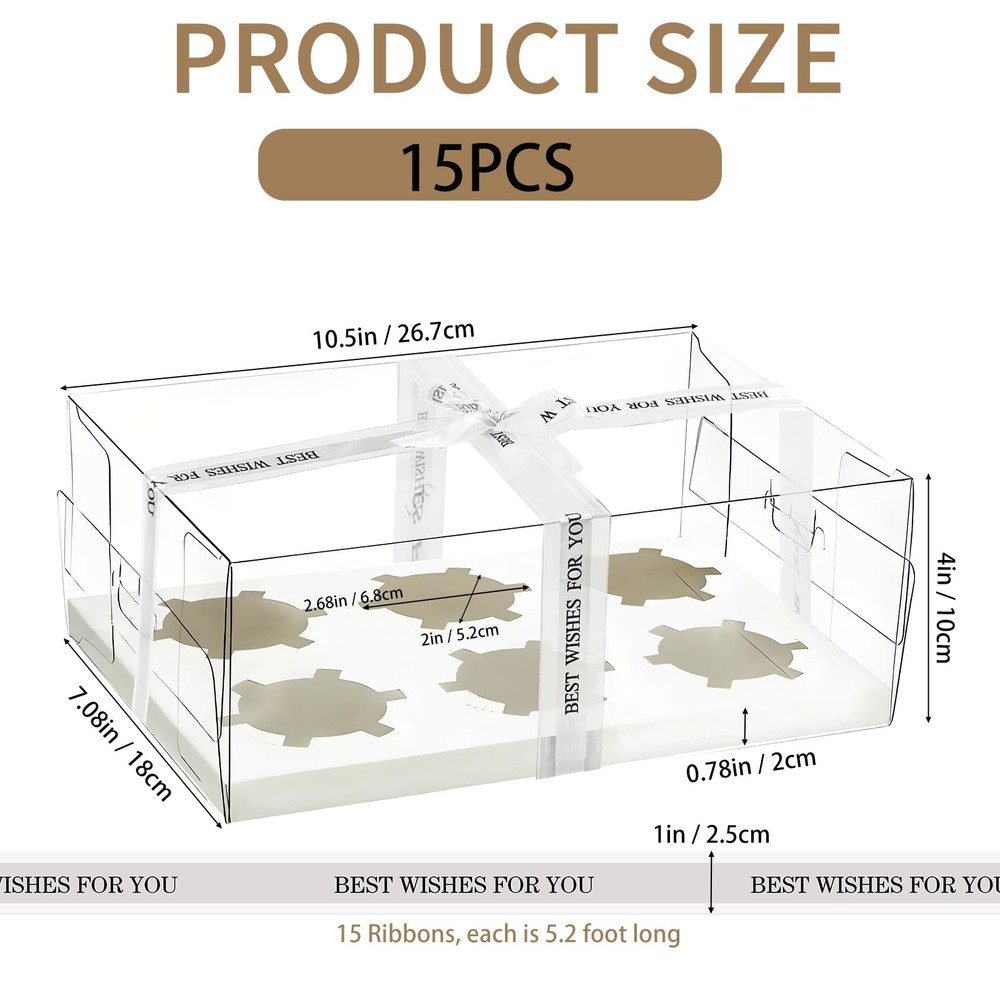 Seuqhck 15 Pack Clear Cupcake Boxes, 6 Compartment Cupcake Container Set, Sta...