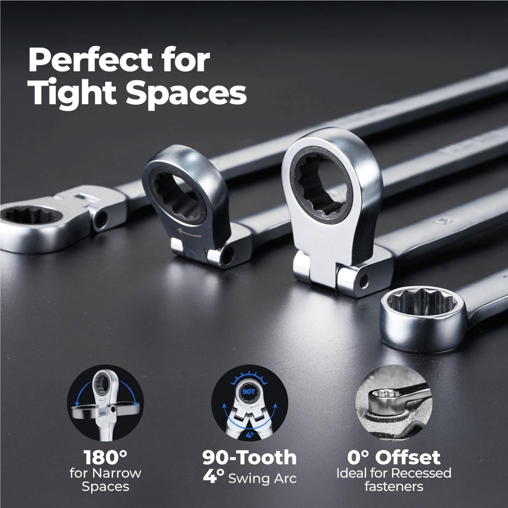 16PCS Extra Long Ratcheting Wrench Set, Gift for Men, Flex Head & Offset Fixed H