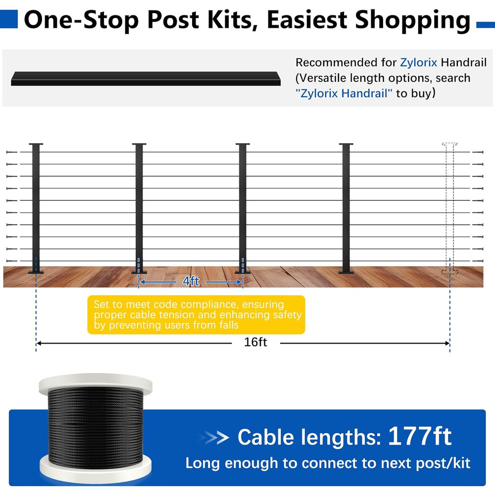 36" Modular Cable Railing Post Kit - 12-16FT Adjustable DIY Deck System