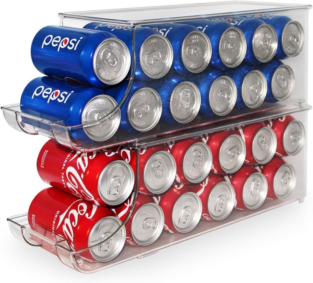 Soda Can Organizer with Lids, Stackable Soda Can Dispenser for Refrigerator, Cle