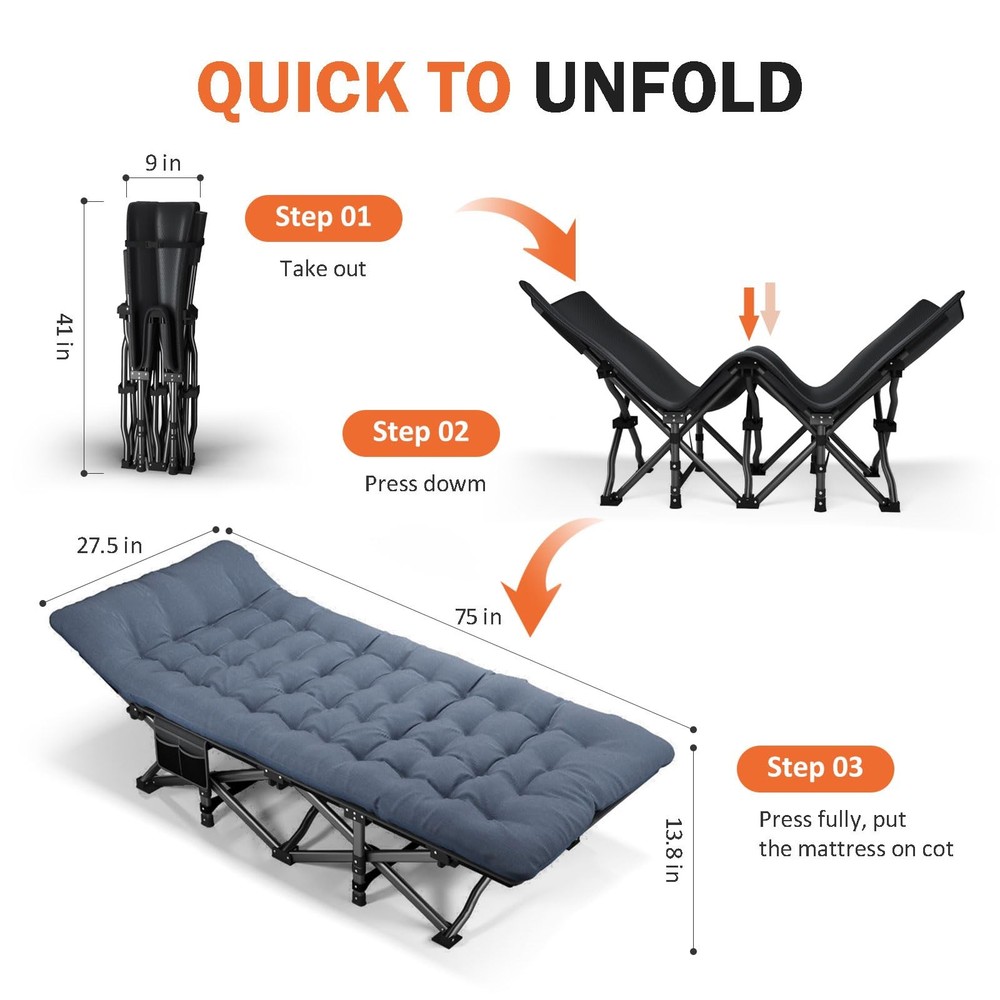 Camping Cot for Adults with Cushion Comfortable, Portable Folding Bed for Sle...