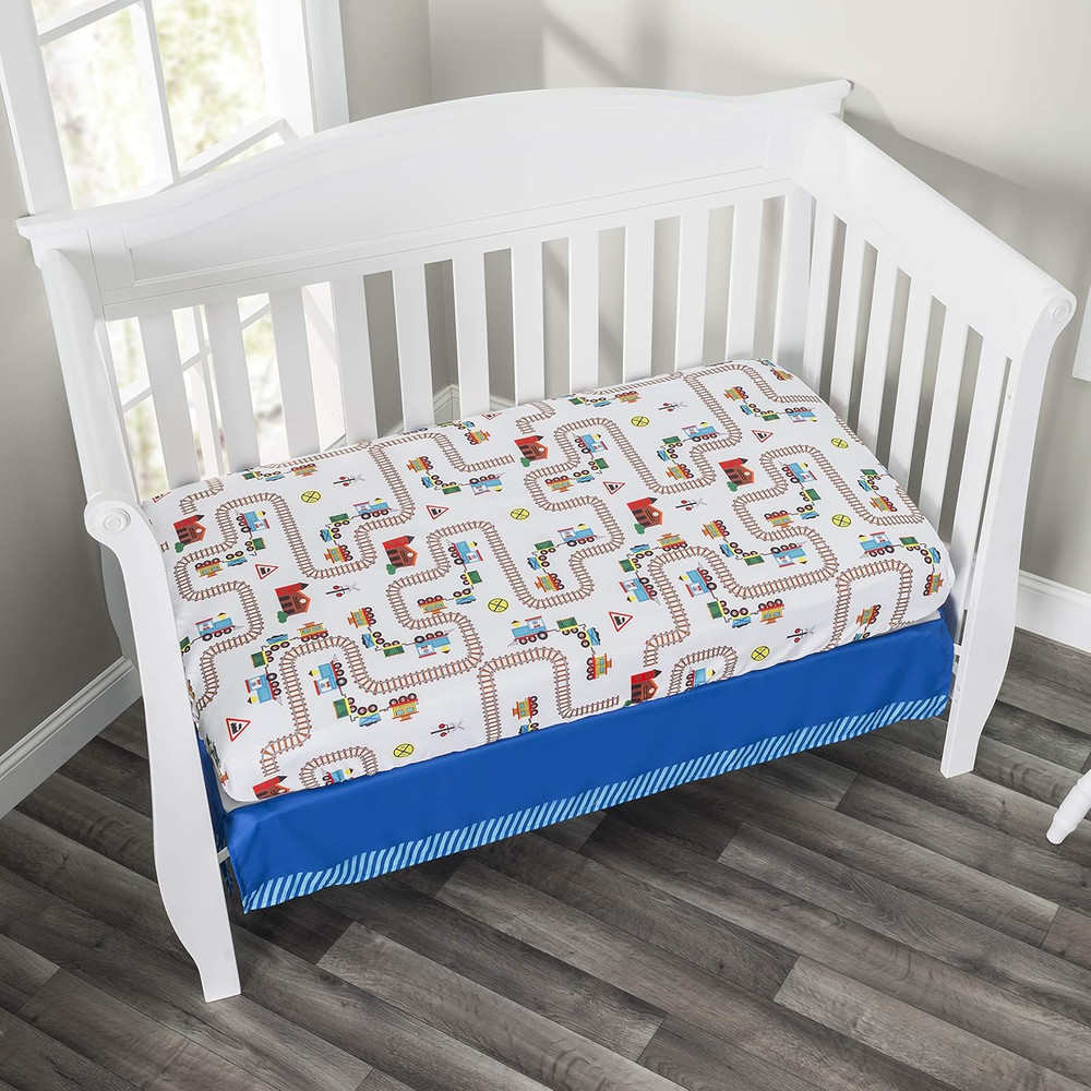 4 Piece Boys Crib Bedding Set - Choo Choo Train - Includes Quilt, Fitted Sheet,