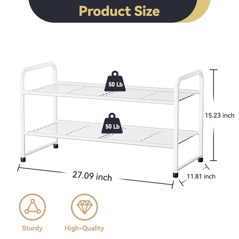 2 Tier Shoe Rack Organizer for Closet, Stackble,White White 2 Tier