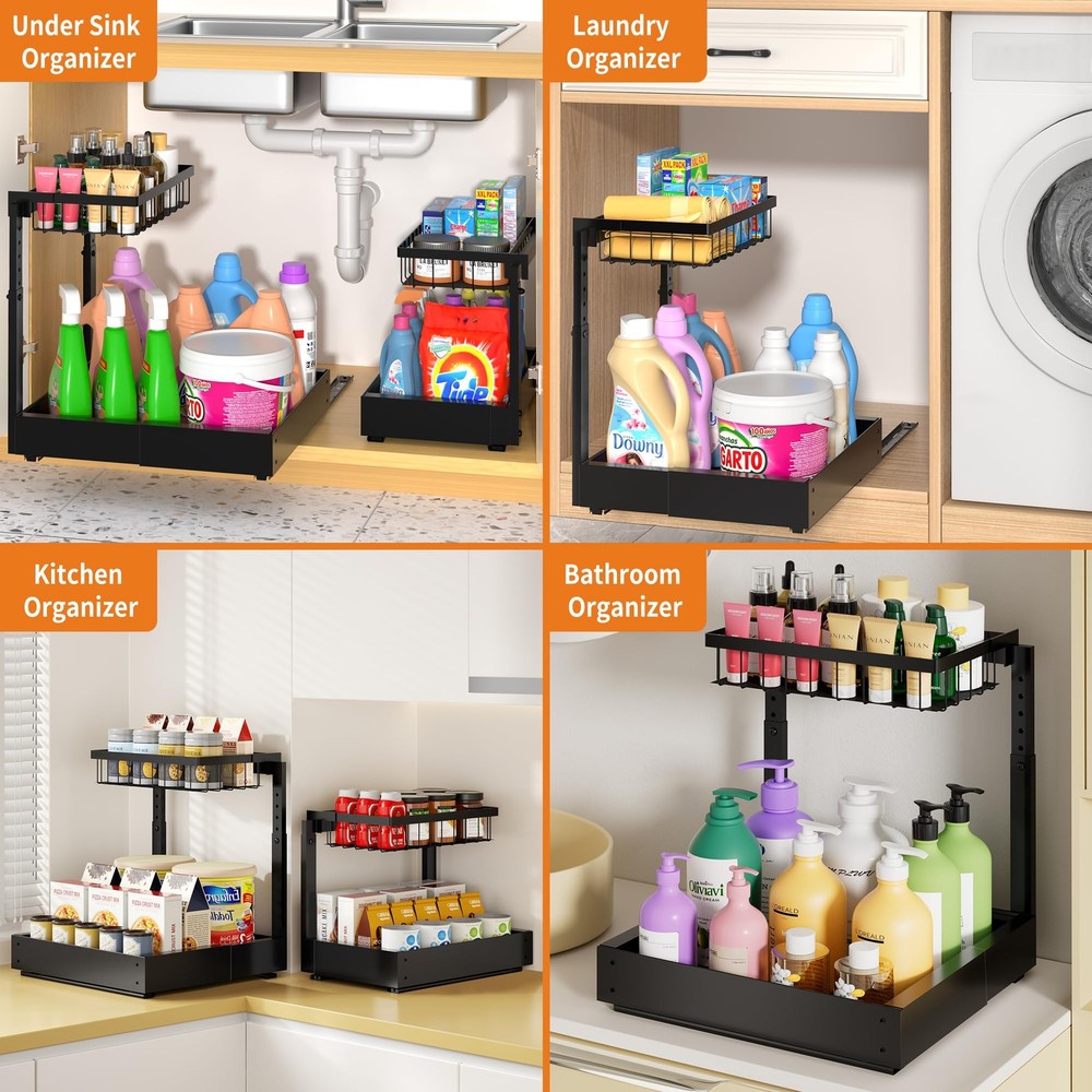 2-Pack Expandable Under Sink Organizers and Storage, 2-Tier Adjustable Pull-O...