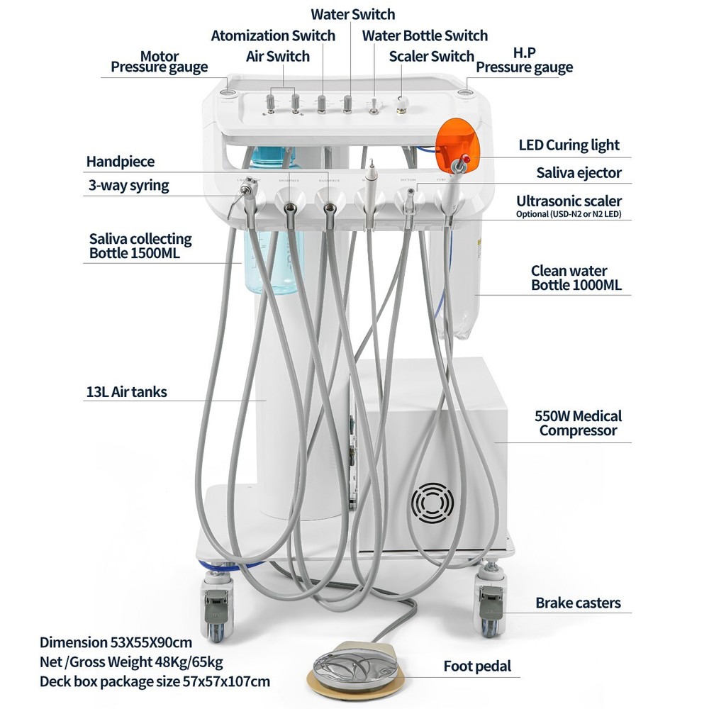 Portable Dental Delivery Cart Unit Compressor Suction System Scaler Light Curing