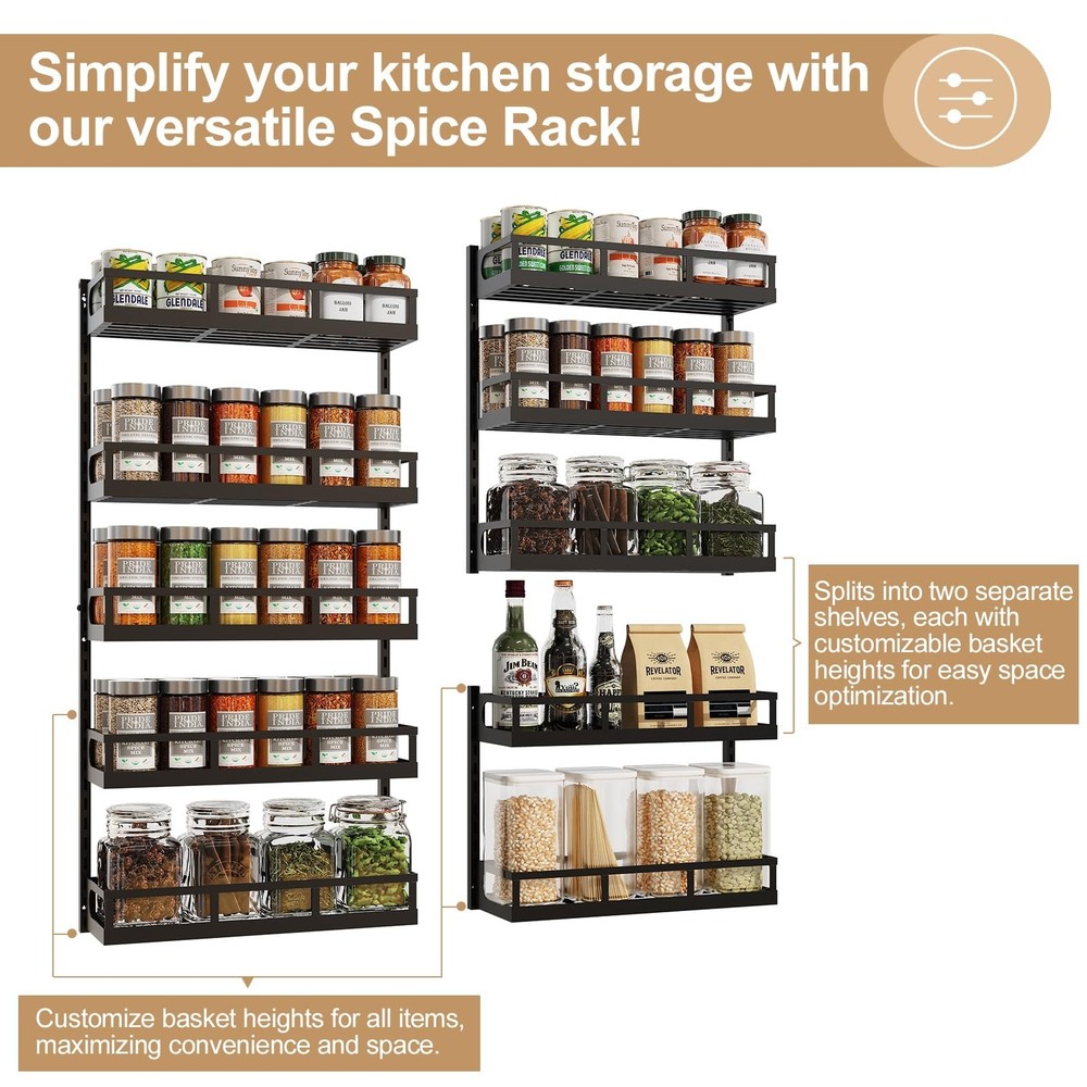 X-cosrack Wall Mount Spice Rack Organizer 5 Tier Height-Adjustable Hanging Sp...