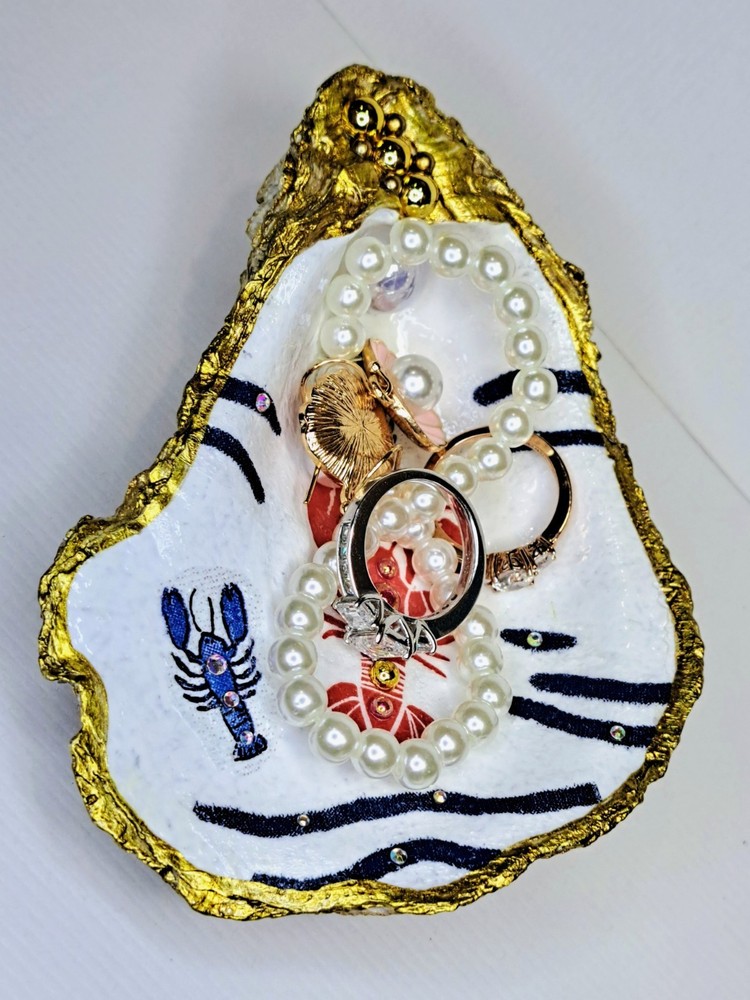 Handcrafted Decoupaged Lobster Oyster Shell Ring/Trinket Dish