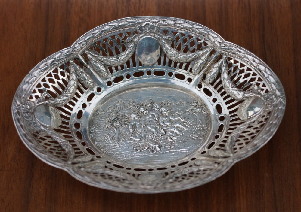 Germany 800 Silver Repousse Openwork Reticulated 7.5" Oval Bowl ~ Cherubs
