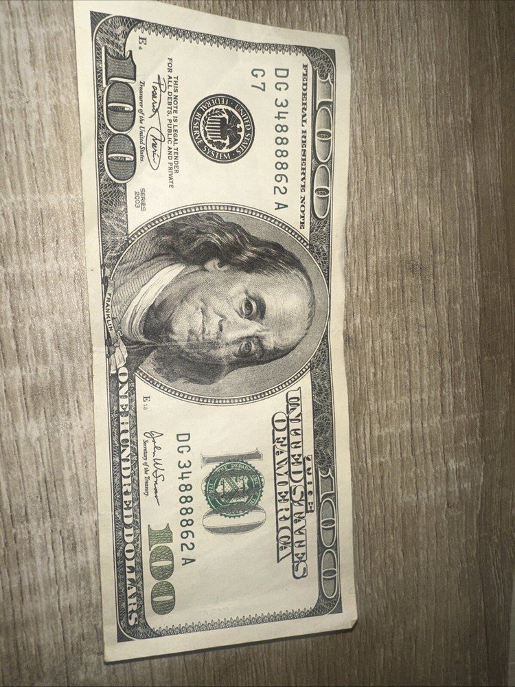 100$ 2003 bill serial number DG34888862A