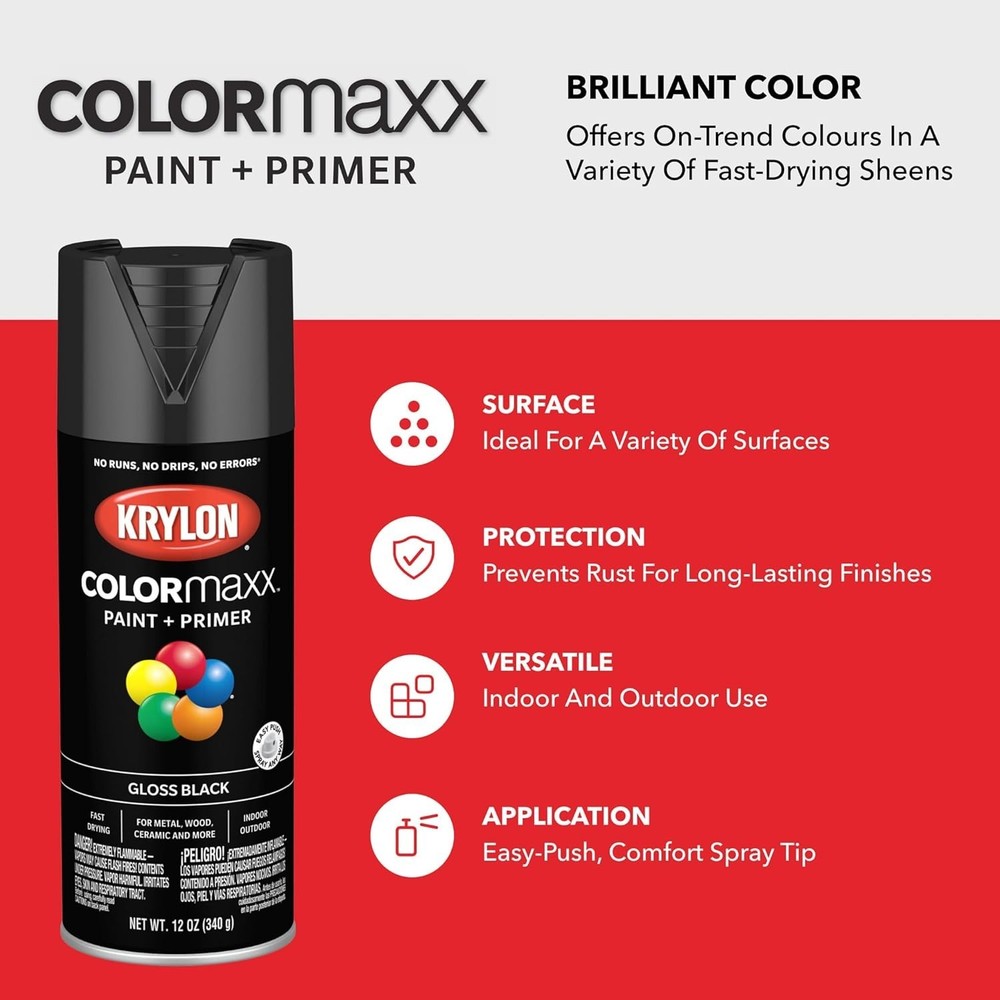 Versatile 12oz Gloss Black Spray Paint: Fast Drying & Easy Application