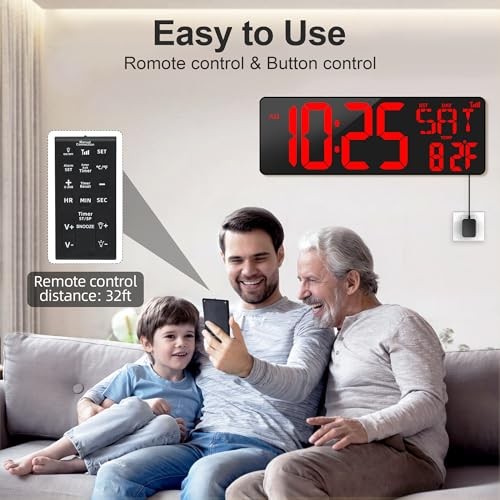 17.2" Large Digital Wall Clock Bluetooth Sync Time, Precise Red With Bluetooth