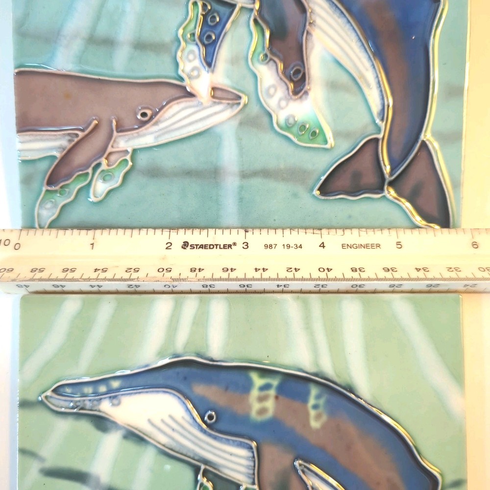 Two (2) Humpback Whale Ceramic Tiles 6” Square