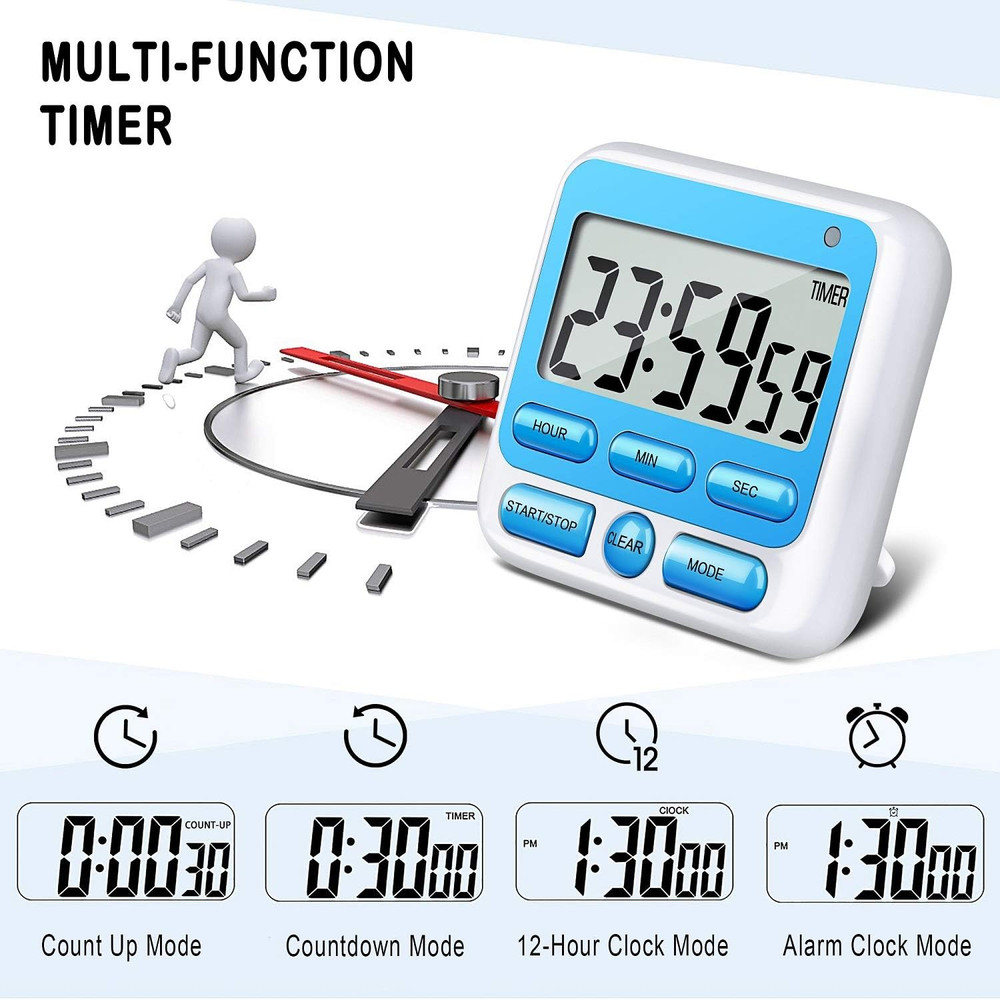 Digital Kitchen Timer with Mute/Loud Alarm Switch On/Off Switch, 12-Hour Clock &