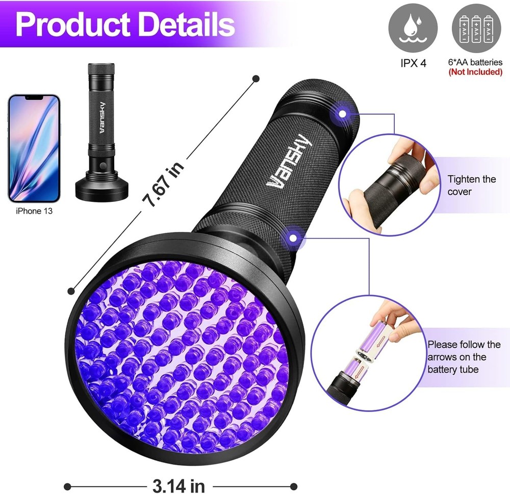 Ultra Bright 100 LED UV Flashlight - Effective Pet Urine & Bed Bug Detector