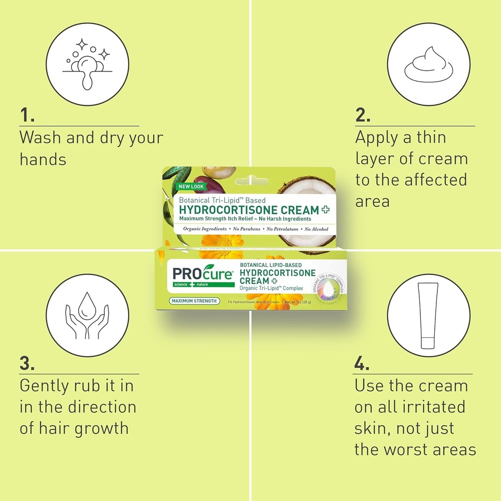 PROcure Hydrocortisone Cream Max Strength Itch Relief Botanical Lipid Based 1 Oz