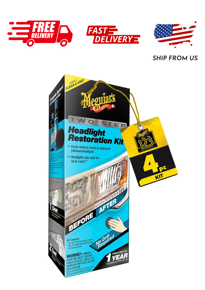 Meguiar's Two Step Headlight Restoration Kit, Clear – Cleaning Solution, 4 Count