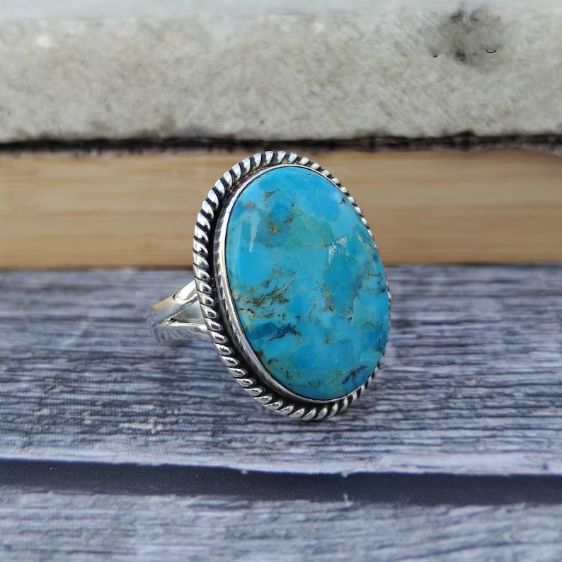 Solid 925 Sterling Silver Turquoise Large Oval Gemstone Boho Vintage Band Ring