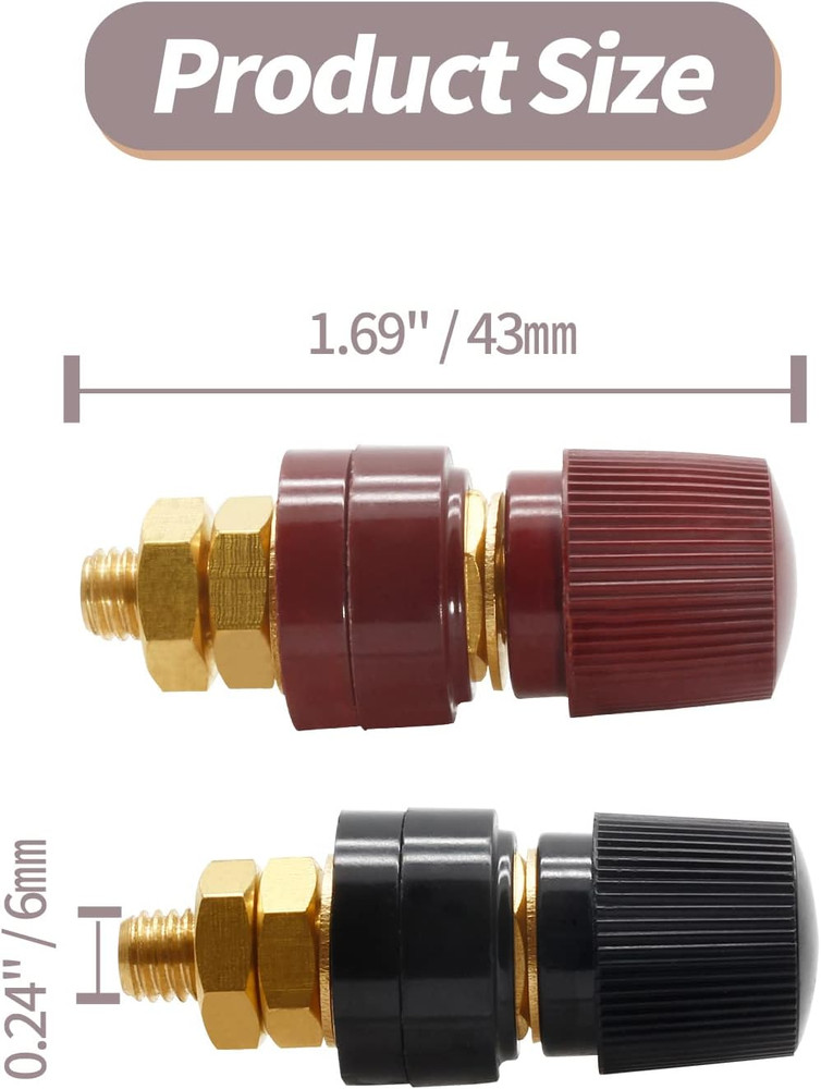 2 Pcs 1/4" Copper Battery Terminal Studs, M6 Binding Post Connectors Red & Black