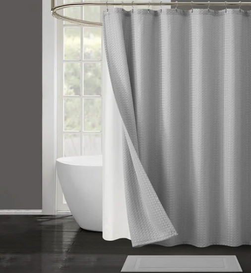 4 Pc Bath Set - Curtain, Liner, Hooks, And Bath Mat - Gray