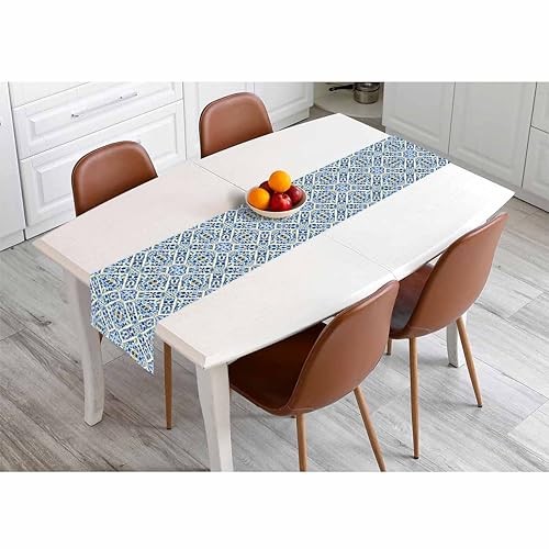 HOSNYE Table Runner Blue Ethnic Geometric Flower Pattern,Cotton pattern-B017