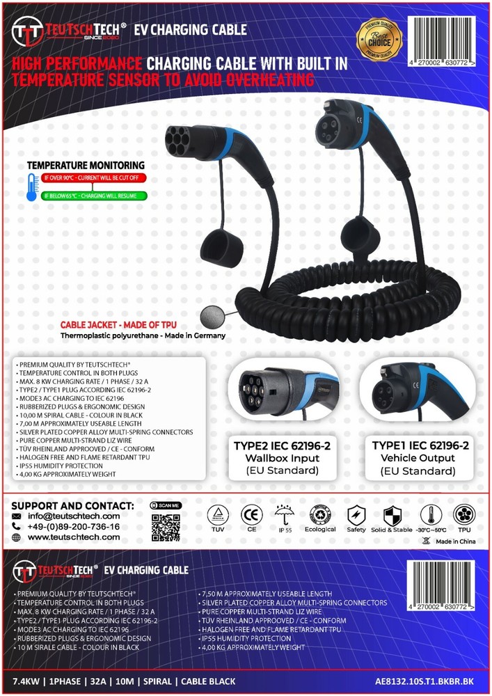 Type 2 Charging Cable 7.4kW Spiral | 10m | Blue | Temperature Monitored | Safe Charging