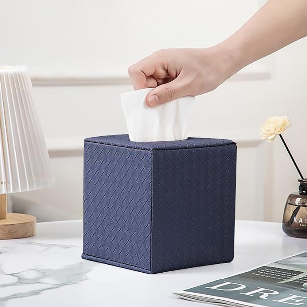 Artistic Navy Square Tissue Box Holder with Magnetic Closure - Versatile Decor