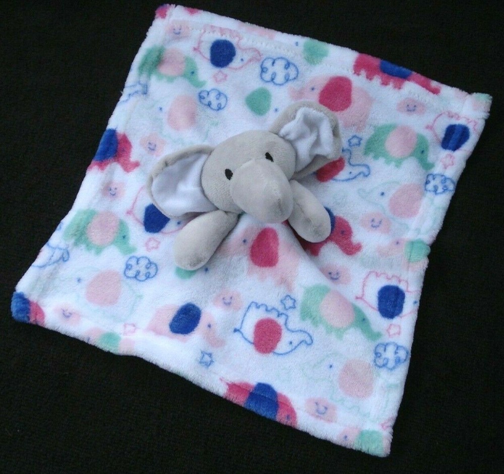 Le Bebe Gray Elephant Pink Green Navy Cloud Elephant Print Security Blanket NEW