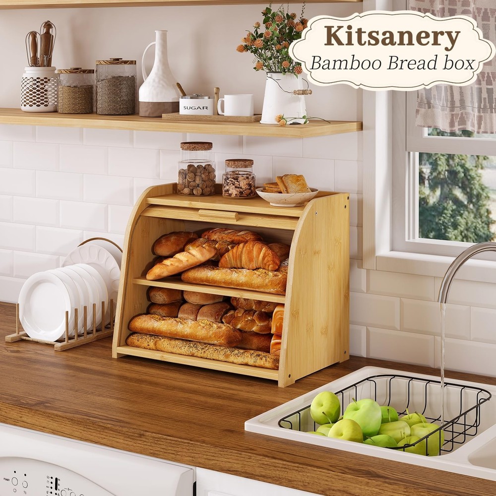 Bread Box for Kitchen Countertop, Bamboo Bread Storage, Double-Layer Roll-Top...