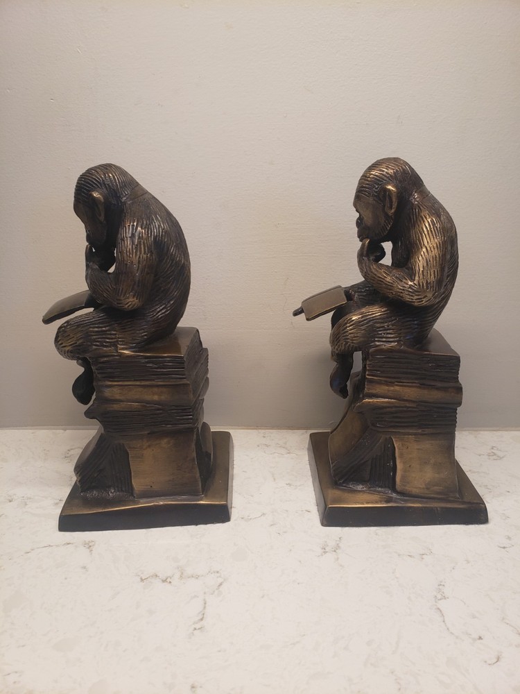 VTG Bronze Bookend Seated Chimpanzee Monkey Reading ..