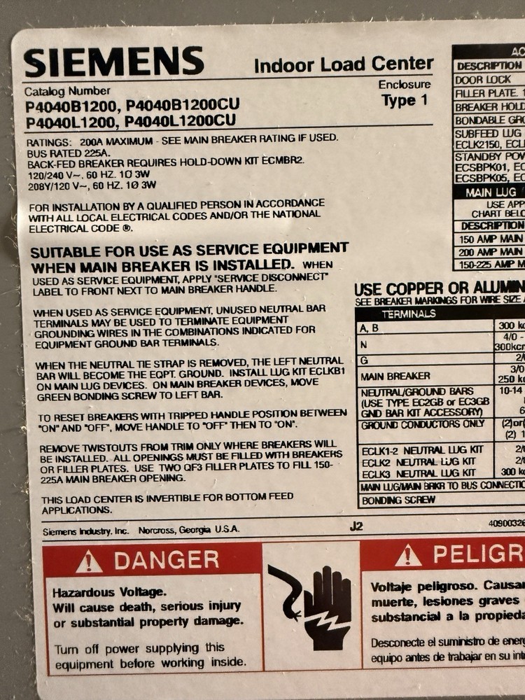 Siemens PL Series Load Center Cover