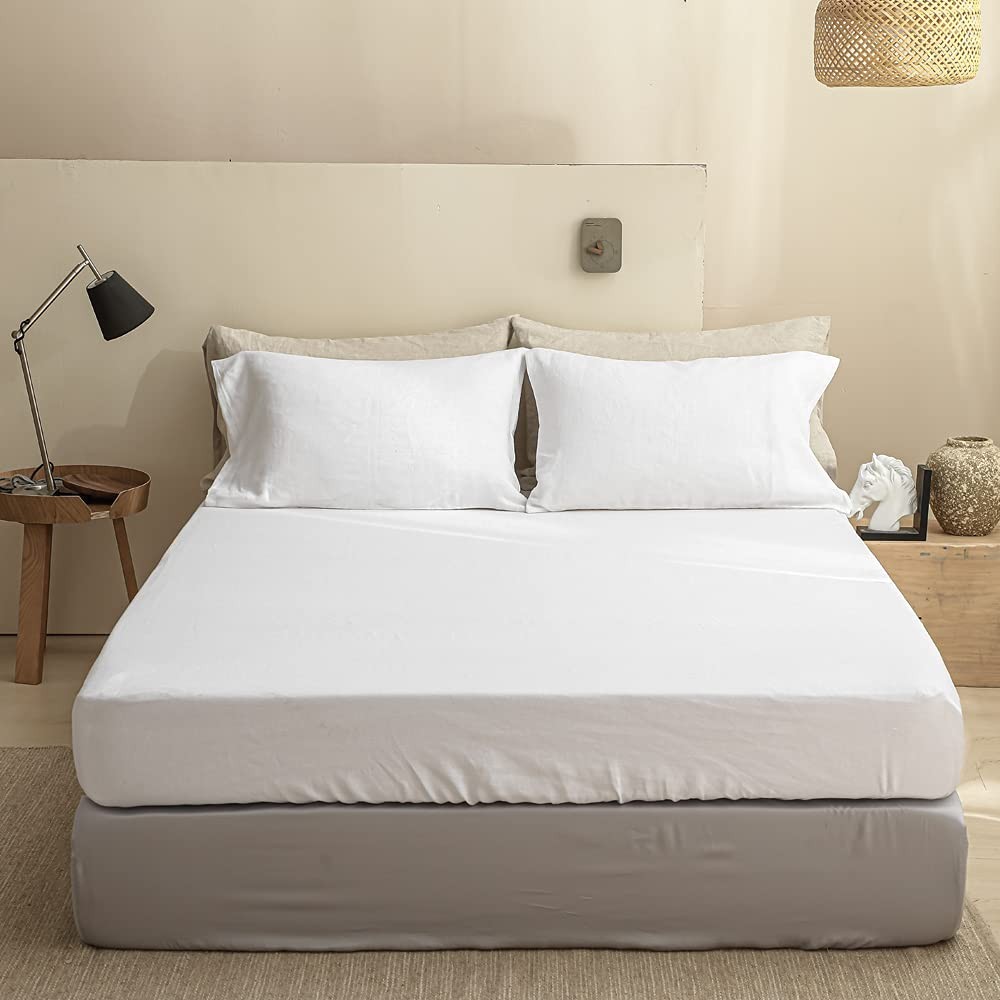 100% Linen Fitted Sheet Stone Washed Solid Color - (1 Piece) 14 inch Deep Poc...
