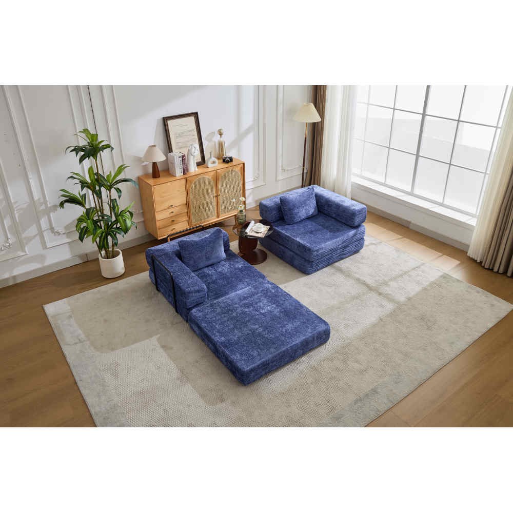 Foldable Sofa Bed with Memory Foam - Dark Blue Chenille Fabric