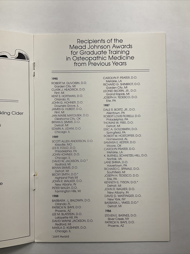 1991 National Osteopathic Foundation Mead Johnson Awards Breakfast Program Menu