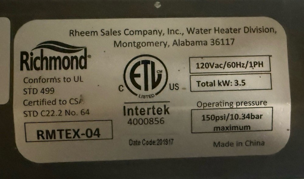 Richmond Electric Tankless Water Heater RMTEX-04