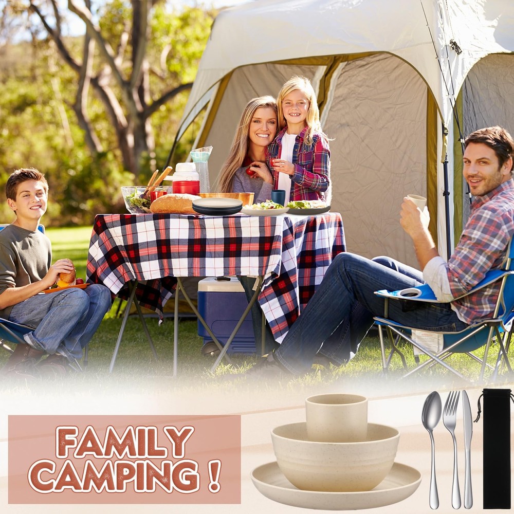 4 Sets Camping Mess Kits for 4 Person Camping Silverware Set Include Cup, Bow...
