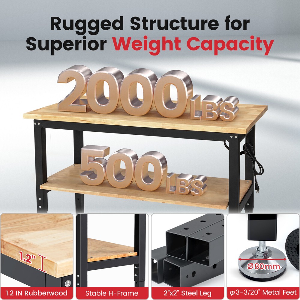 Adjustable 48'' Workbench Workstation 2000LBS Worktable w/ Power Outlet/Pegboard