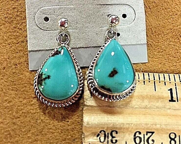 Sterling Silver .925 Turquoise Drop Earrings Signed By Navajo SH