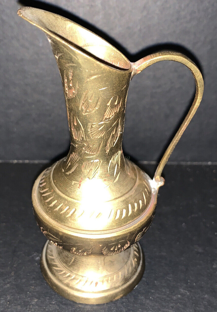 Vintage Miniature Brass Pitcher with Handle Etched Design India 668