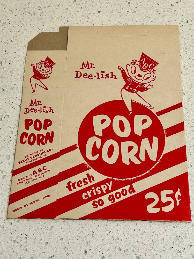 Mr. Dee-lish Pop Corn .25 Cent Box NEVER FOLDED Always Flat - ORIGINAL 1950's