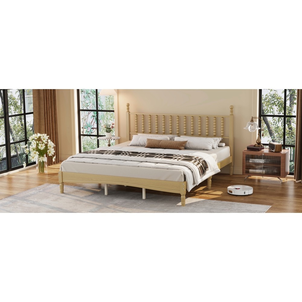 King Platform Bed Retro Frame With Gourd Headboard No Box Spring