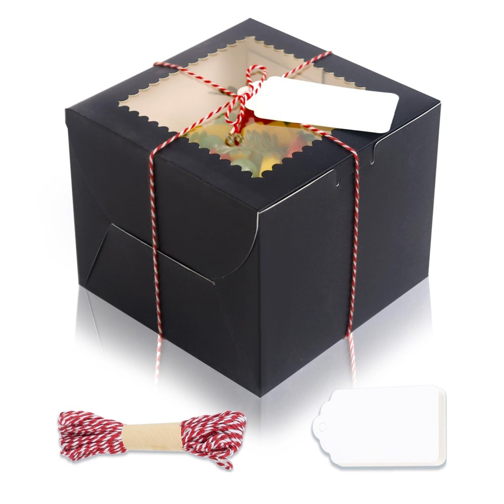 20Pcs Mini Cake Boxes with Window, 6x6x5 Inches Black Bakery Boxes, Small 4 C...