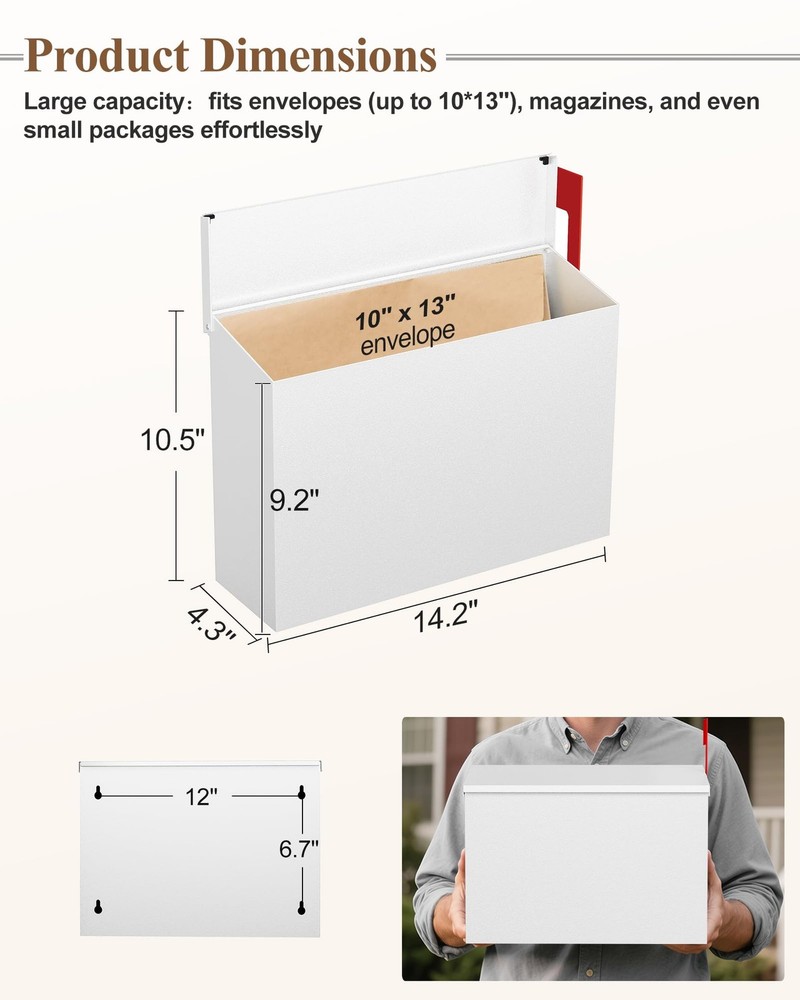 Wall-Mount Mailbox for Outside, Large Capacity Rust-Proof Box with Stay-Open ...